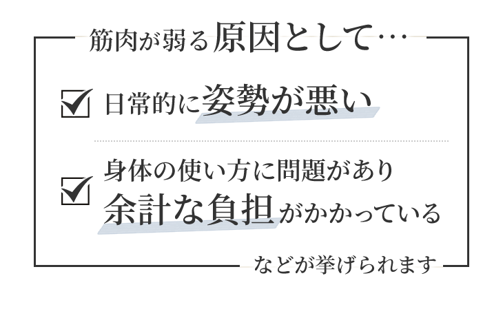 筋肉が弱る原因として…日常的に姿勢が悪い・身体の使い方に問題があり余計な負担がかかっている、などが挙げられます